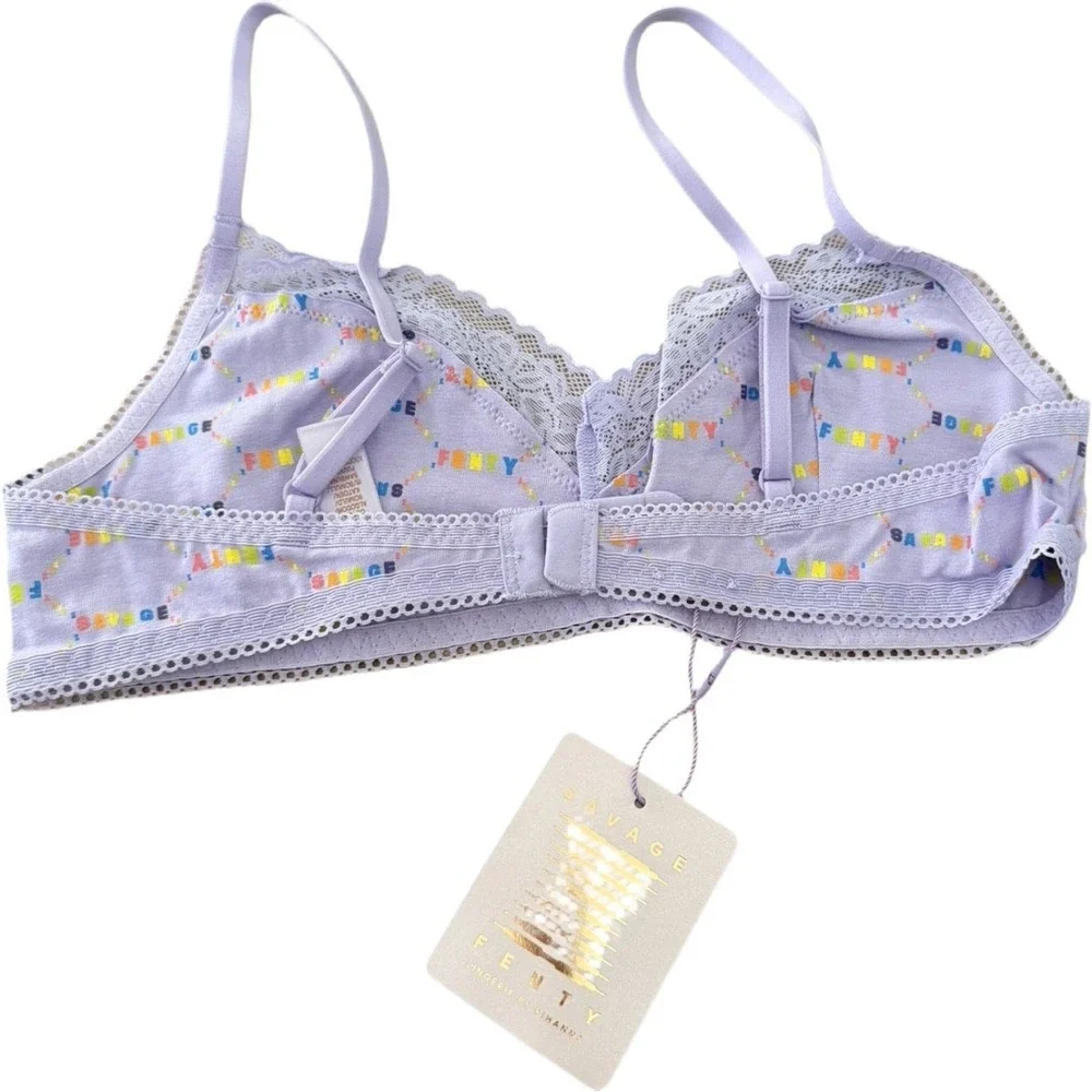 Savage X Fenty Lavender Rainbow Logo Print Cotton Bralette Size M Lace NWT